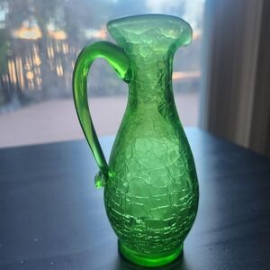 Vintage ‘Pilgrim’ Green Crackle Glass  Pitcher Hand Blown 9 1/2” Tall Mint
